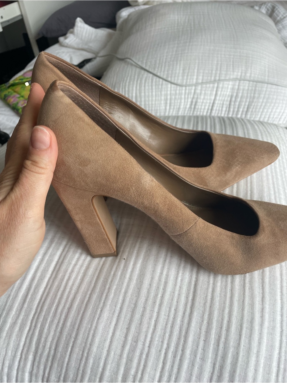 Vince Camino Pointed-Toe Block Heel Pumps in Taupe